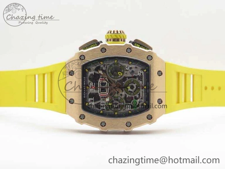 RM011 RG Chronograph RG Case KVF 1:1 Best Edition Crystal Skeleton Dial On Yellow Rubber Strap A7750