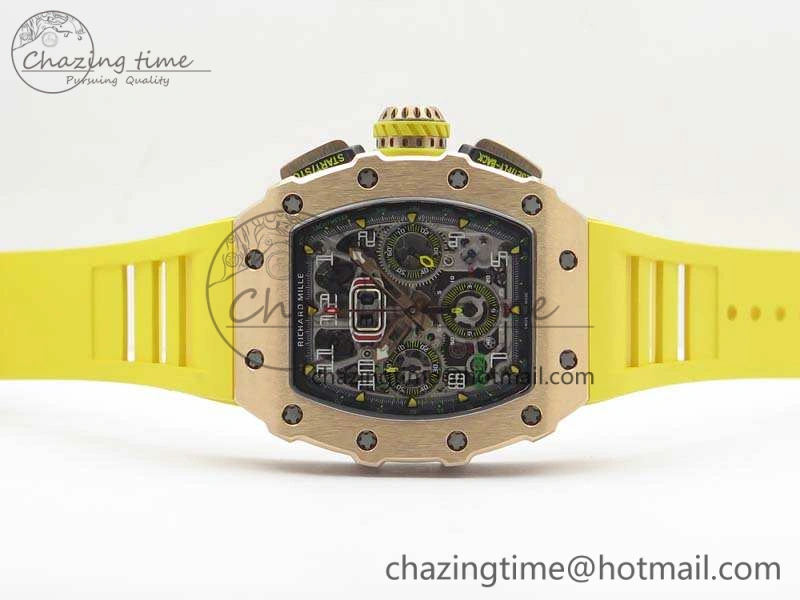 RM011 RG Chronograph RG Case KVF 1:1 Best Edition Crystal Skeleton Dial On Yellow Rubber Strap A7750
