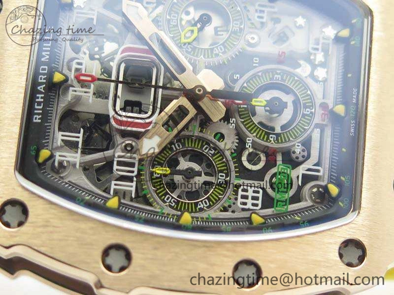 RM011 RG Chronograph RG Case KVF 1:1 Best Edition Crystal Skeleton Dial On Yellow Rubber Strap A7750