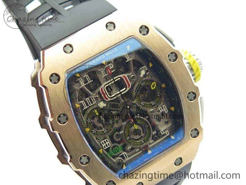 RM011 RG Chronograph SS Case KVF 1:1 Best Edition Crystal Skeleton Dial On Black Rubber Strap A7750