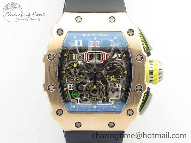 RM011 RG Chronograph SS Case KVF 1:1 Best Edition Crystal Skeleton Dial On Black Rubber Strap A7750