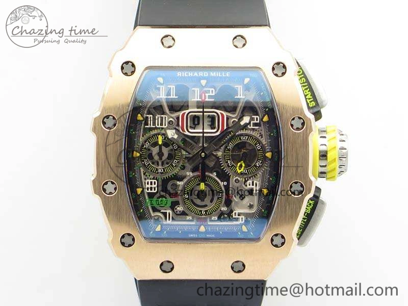 RM011 RG Chronograph SS Case KVF 1:1 Best Edition Crystal Skeleton Dial On Black Rubber Strap A7750