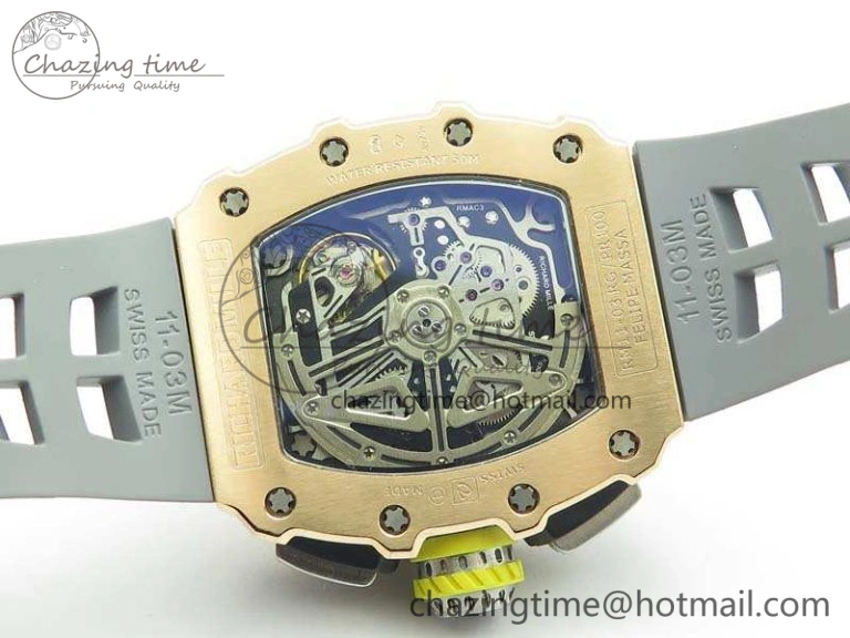 RM011 RG Chronograph SS Case KVF 1:1 Best Edition Crystal Skeleton Dial On Gray Rubber Strap A7750