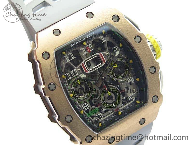 RM011 RG Chronograph SS Case KVF 1:1 Best Edition Crystal Skeleton Dial On Gray Rubber Strap A7750