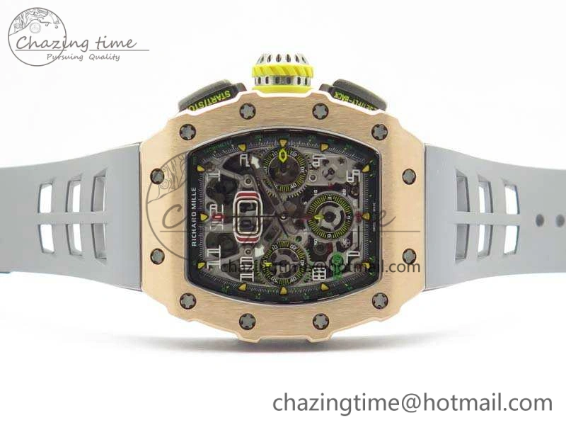RM011 RG Chronograph SS Case KVF 1:1 Best Edition Crystal Skeleton Dial On Gray Rubber Strap A7750