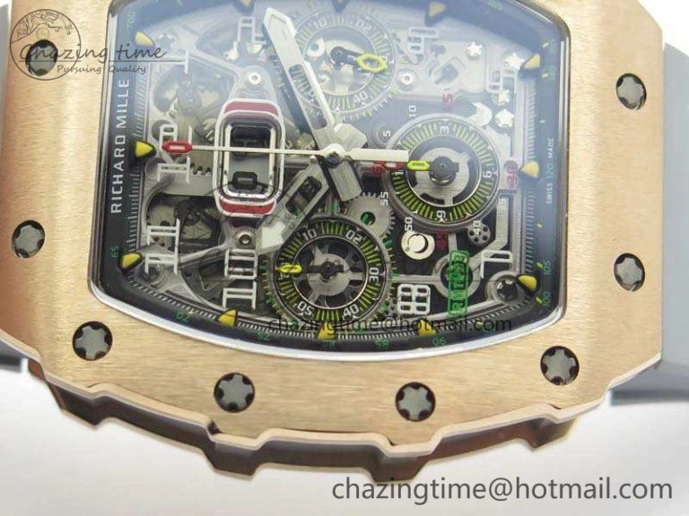RM011 RG Chronograph SS Case KVF 1:1 Best Edition Crystal Skeleton Dial On Gray Rubber Strap A7750