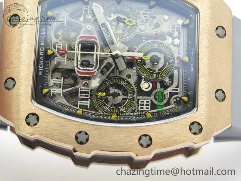 RM011 RG Chronograph SS Case KVF 1:1 Best Edition Crystal Skeleton Dial On Gray Rubber Strap A7750