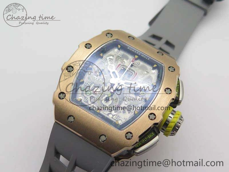 RM011 RG Chronograph SS Case KVF 1:1 Best Edition Crystal Skeleton Dial On Gray Rubber Strap A7750