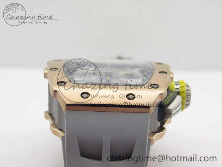 RM011 RG Chronograph SS Case KVF 1:1 Best Edition Crystal Skeleton Dial On Gray Rubber Strap A7750
