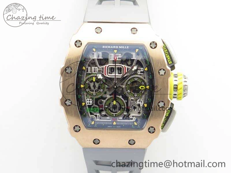 RM011 RG Chronograph SS Case KVF 1:1 Best Edition Crystal Skeleton Dial On Gray Rubber Strap A7750