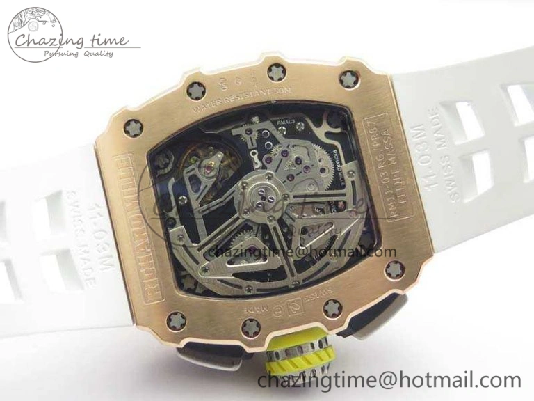 RM011 RG Chronograph SS Case KVF 1:1 Best Edition Crystal Skeleton Dial On White Rubber Strap A7750