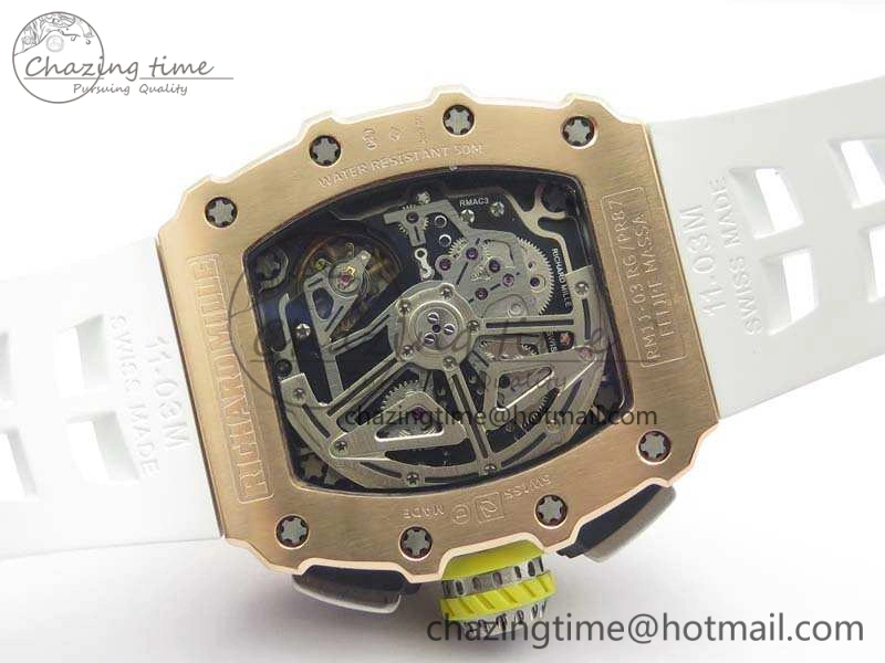 RM011 RG Chronograph SS Case KVF 1:1 Best Edition Crystal Skeleton Dial On White Rubber Strap A7750