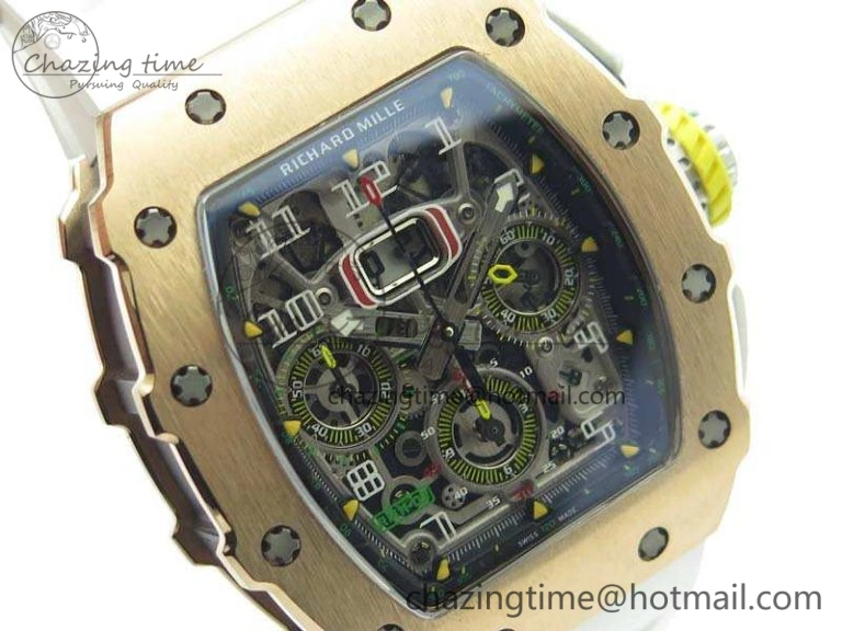 RM011 RG Chronograph SS Case KVF 1:1 Best Edition Crystal Skeleton Dial On White Rubber Strap A7750