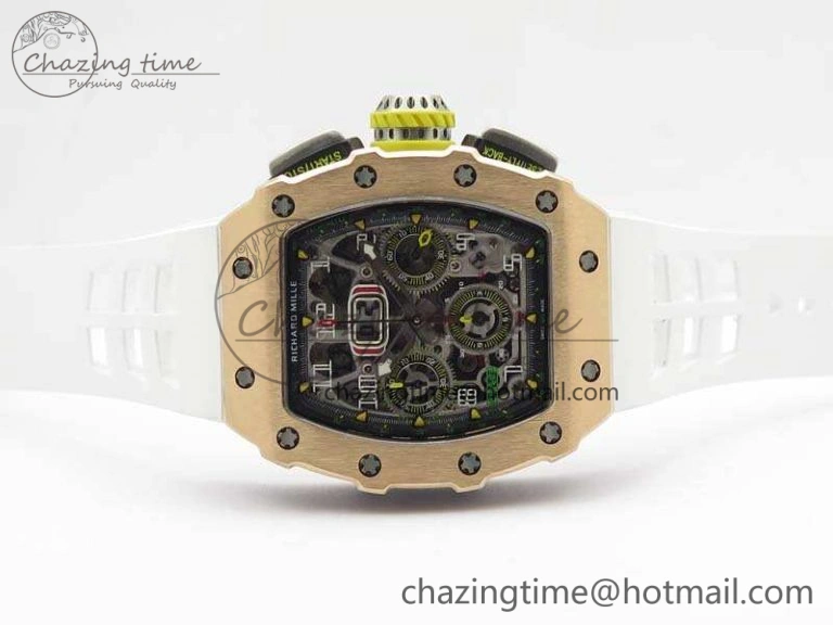 RM011 RG Chronograph SS Case KVF 1:1 Best Edition Crystal Skeleton Dial On White Rubber Strap A7750