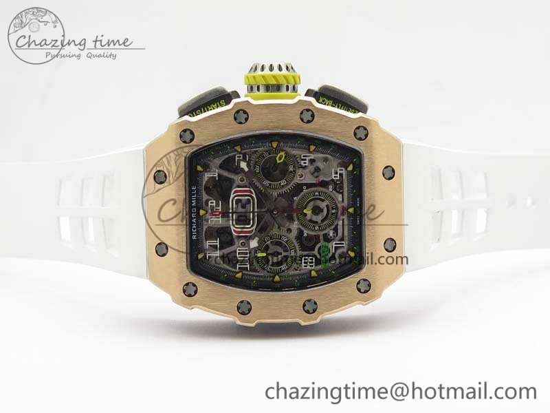 RM011 RG Chronograph SS Case KVF 1:1 Best Edition Crystal Skeleton Dial On White Rubber Strap A7750