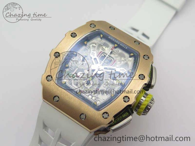 RM011 RG Chronograph SS Case KVF 1:1 Best Edition Crystal Skeleton Dial On White Rubber Strap A7750