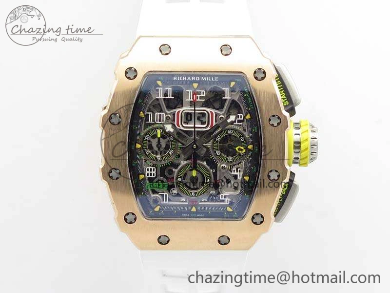 RM011 RG Chronograph SS Case KVF 1:1 Best Edition Crystal Skeleton Dial On White Rubber Strap A7750