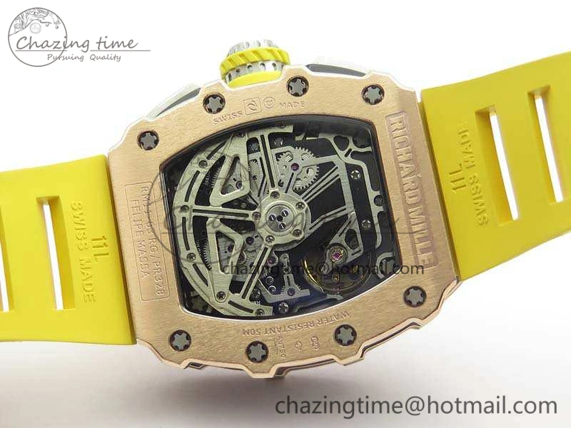 RM011 RG Chronograph SS Case KVF 1:1 Best Edition Crystal Skeleton Dial On Yellow Rubber Strap A7750