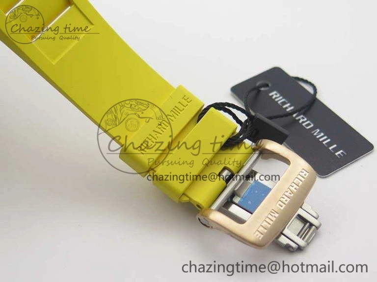 RM011 RG Chronograph SS Case KVF 1:1 Best Edition Crystal Skeleton Dial On Yellow Rubber Strap A7750