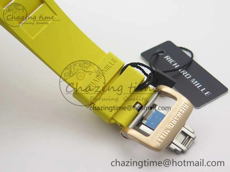RM011 RG Chronograph SS Case KVF 1:1 Best Edition Crystal Skeleton Dial On Yellow Rubber Strap A7750