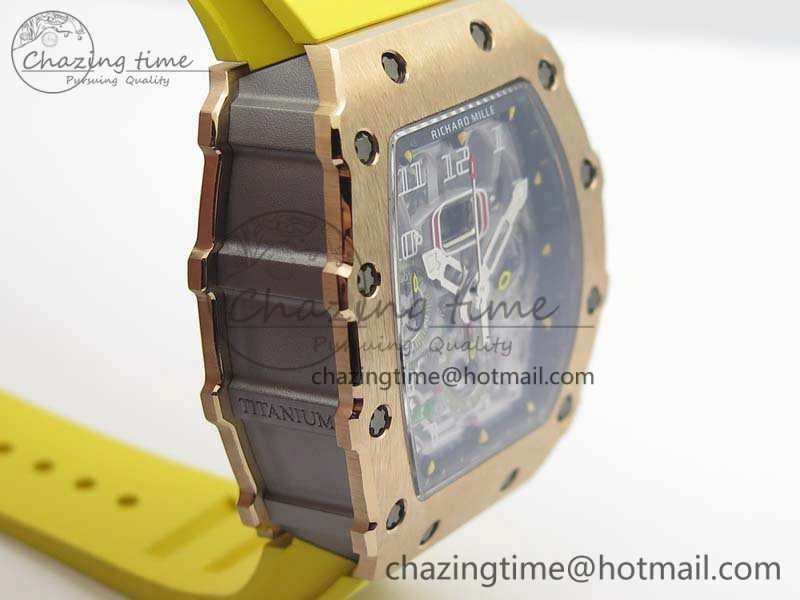 RM011 RG Chronograph SS Case KVF 1:1 Best Edition Crystal Skeleton Dial On Yellow Rubber Strap A7750