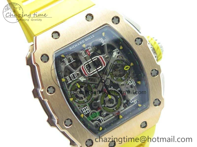 RM011 RG Chronograph SS Case KVF 1:1 Best Edition Crystal Skeleton Dial On Yellow Rubber Strap A7750
