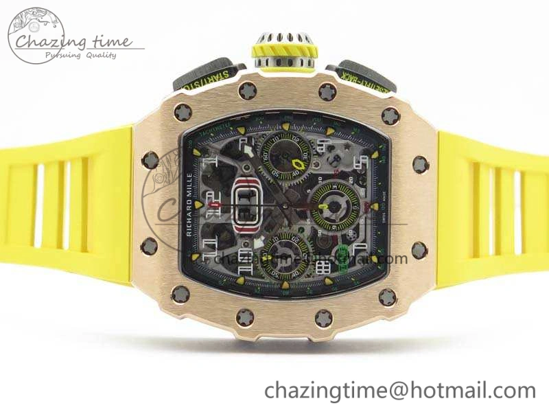 RM011 RG Chronograph SS Case KVF 1:1 Best Edition Crystal Skeleton Dial On Yellow Rubber Strap A7750