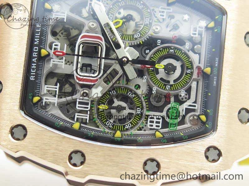 RM011 RG Chronograph SS Case KVF 1:1 Best Edition Crystal Skeleton Dial On Yellow Rubber Strap A7750
