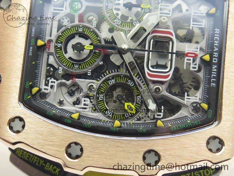RM011 RG Chronograph SS Case KVF 1:1 Best Edition Crystal Skeleton Dial On Yellow Rubber Strap A7750