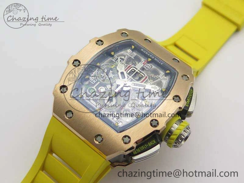 RM011 RG Chronograph SS Case KVF 1:1 Best Edition Crystal Skeleton Dial On Yellow Rubber Strap A7750