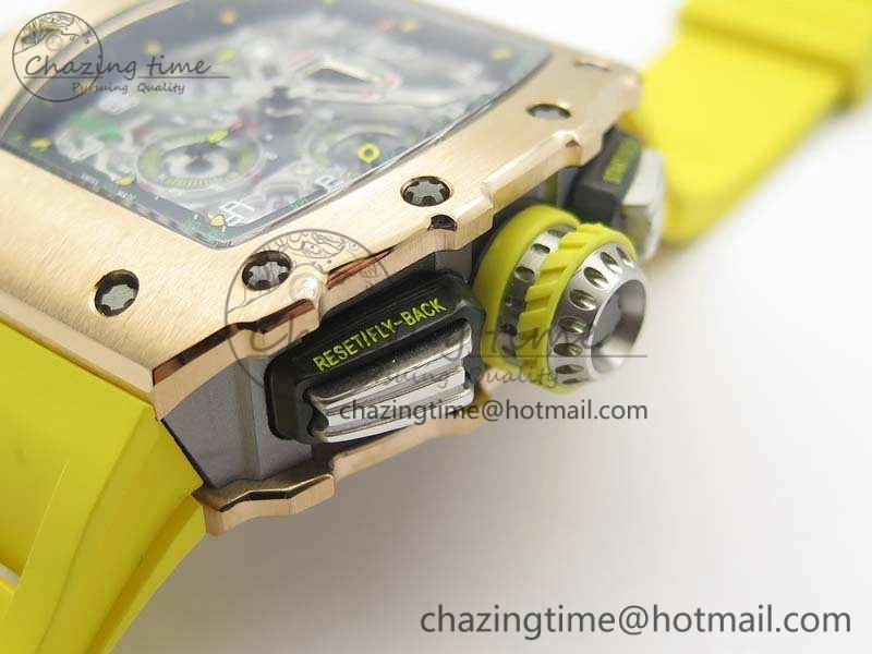 RM011 RG Chronograph SS Case KVF 1:1 Best Edition Crystal Skeleton Dial On Yellow Rubber Strap A7750