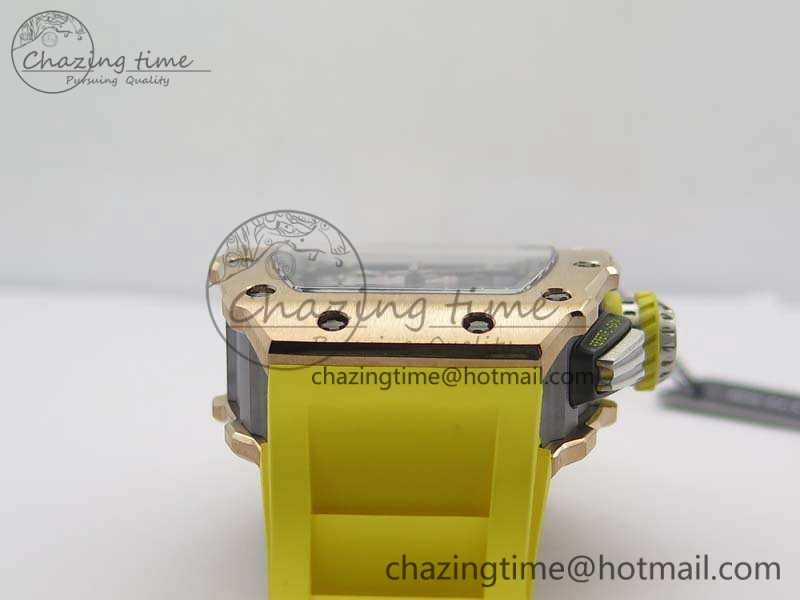 RM011 RG Chronograph SS Case KVF 1:1 Best Edition Crystal Skeleton Dial On Yellow Rubber Strap A7750