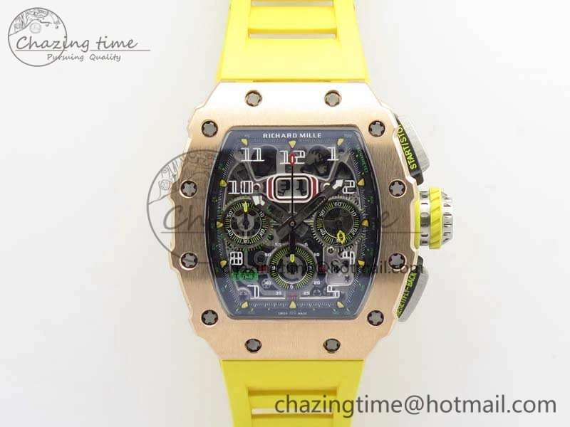 RM011 RG Chronograph SS Case KVF 1:1 Best Edition Crystal Skeleton Dial On Yellow Rubber Strap A7750