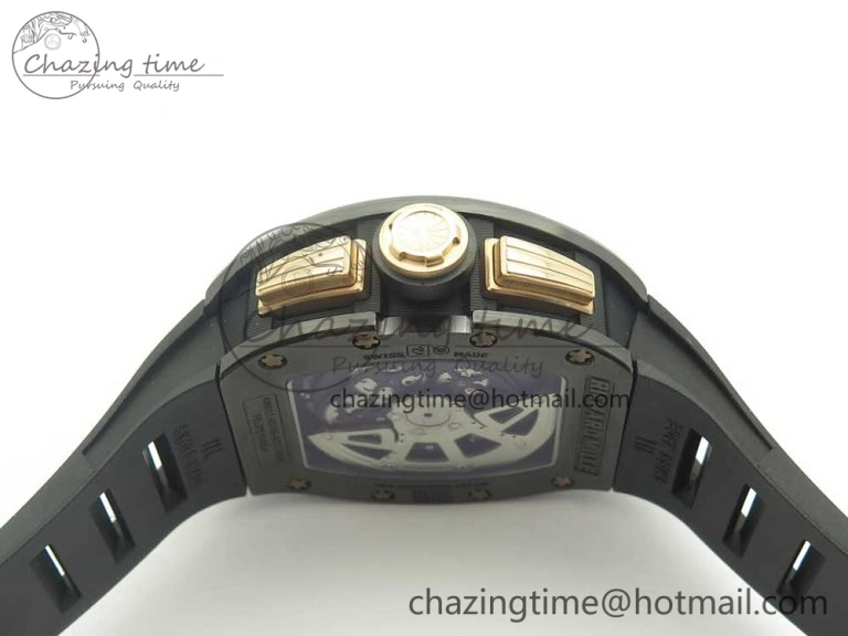 RM011 Real Ceramic Case Chronograph KVF 1:1 Best Edition Crystal Skeleton Dial Gold Markers on Black Rubber Strap A7750