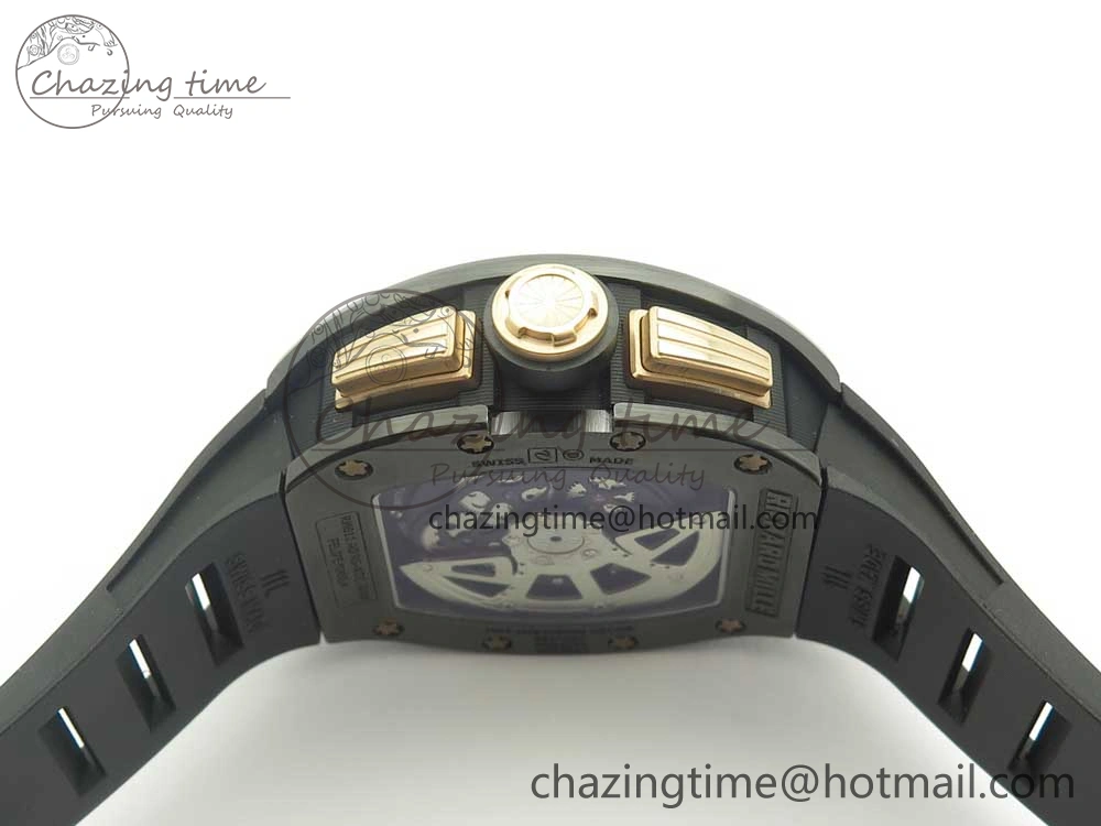 RM011 Real Ceramic Case Chronograph KVF 1:1 Best Edition Crystal Skeleton Dial Gold Markers on Black Rubber Strap A7750