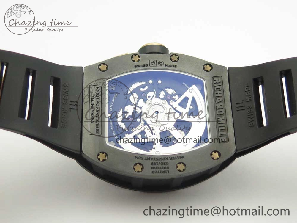 RM011 Real Ceramic Case Chronograph KVF 1:1 Best Edition Crystal Skeleton Dial Gold Markers on Black Rubber Strap A7750