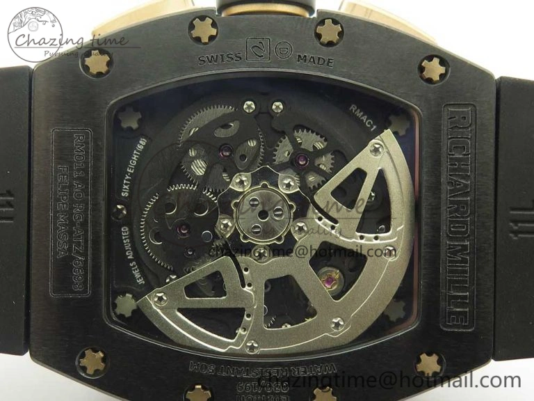 RM011 Real Ceramic Case Chronograph KVF 1:1 Best Edition Crystal Skeleton Dial Gold Markers on Black Rubber Strap A7750