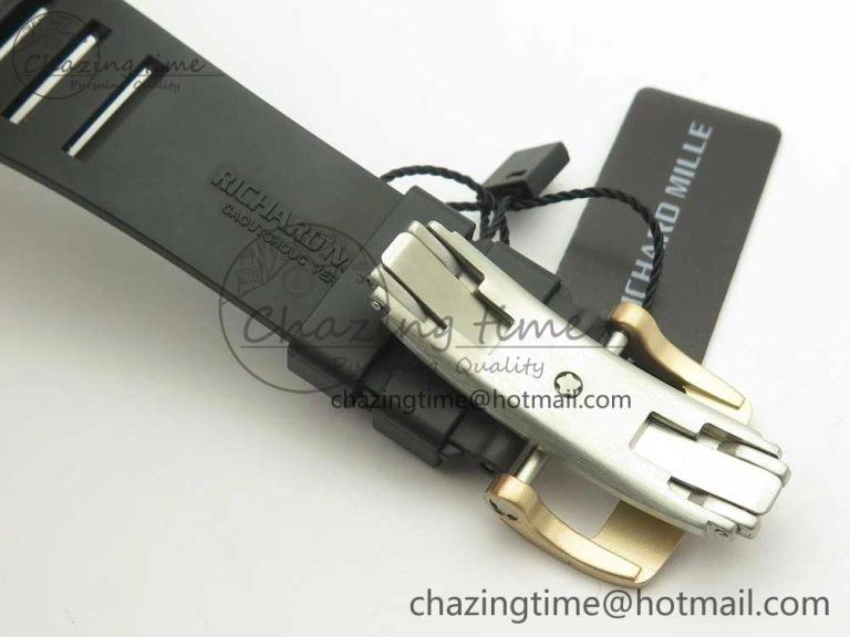 RM011 Real Ceramic Case Chronograph KVF 1:1 Best Edition Crystal Skeleton Dial Gold Markers on Black Rubber Strap A7750