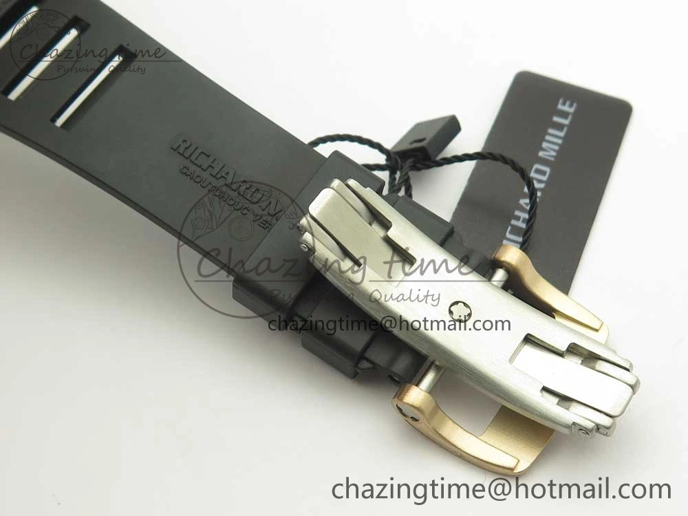RM011 Real Ceramic Case Chronograph KVF 1:1 Best Edition Crystal Skeleton Dial Gold Markers on Black Rubber Strap A7750