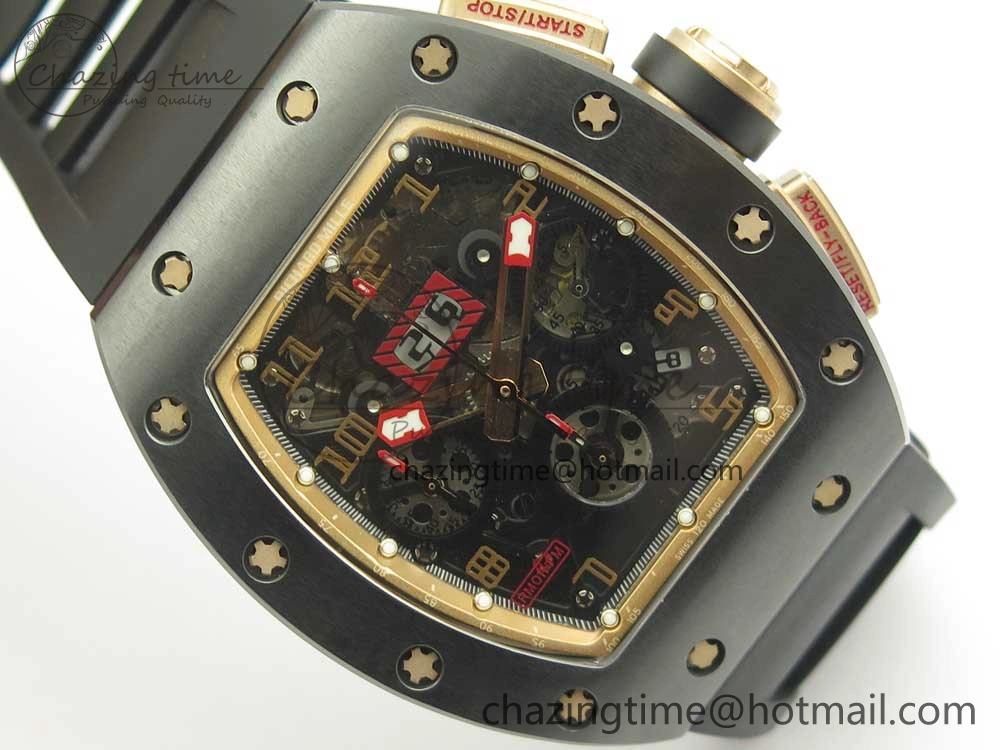 RM011 Real Ceramic Case Chronograph KVF 1:1 Best Edition Crystal Skeleton Dial Gold Markers on Black Rubber Strap A7750
