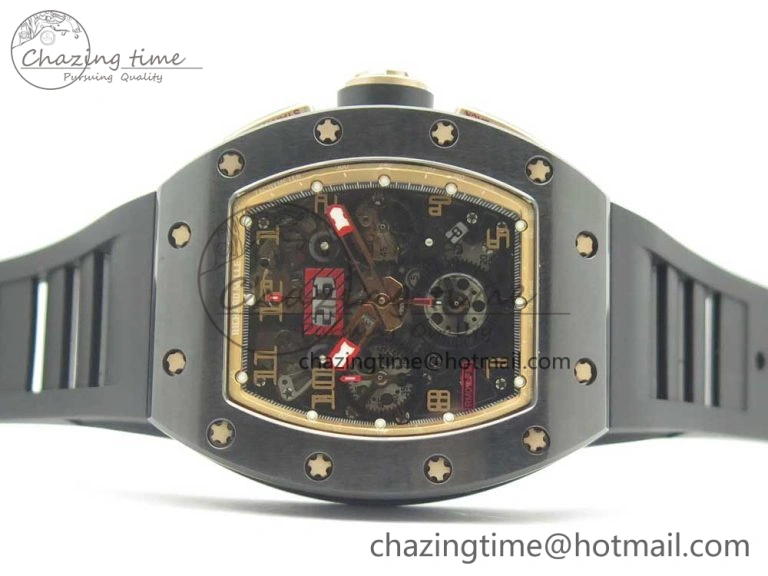 RM011 Real Ceramic Case Chronograph KVF 1:1 Best Edition Crystal Skeleton Dial Gold Markers on Black Rubber Strap A7750