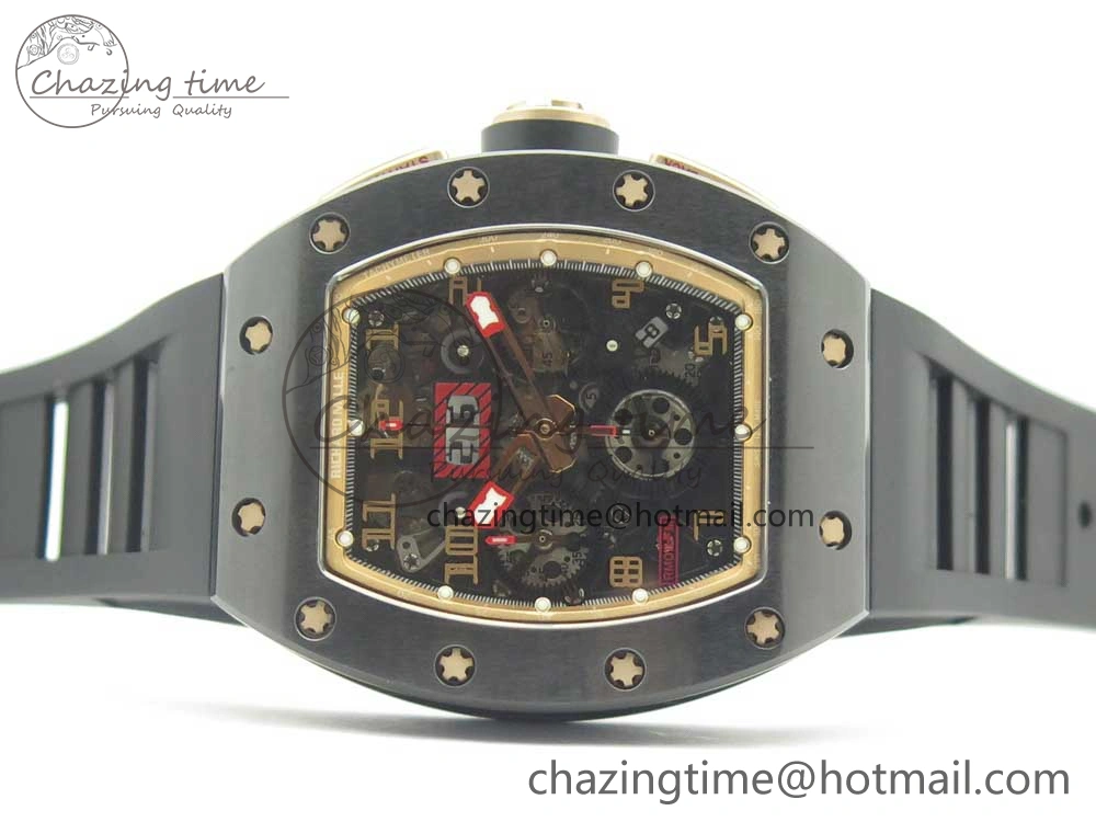 RM011 Real Ceramic Case Chronograph KVF 1:1 Best Edition Crystal Skeleton Dial Gold Markers on Black Rubber Strap A7750