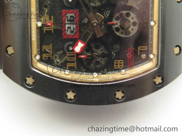 RM011 Real Ceramic Case Chronograph KVF 1:1 Best Edition Crystal Skeleton Dial Gold Markers on Black Rubber Strap A7750