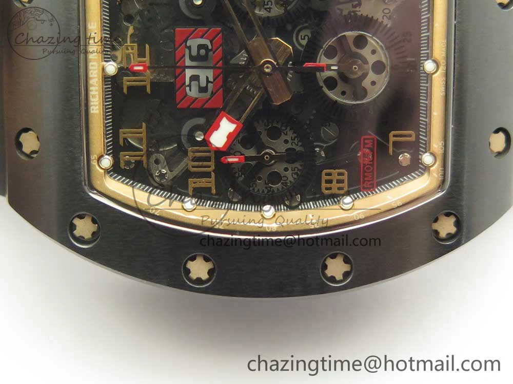 RM011 Real Ceramic Case Chronograph KVF 1:1 Best Edition Crystal Skeleton Dial Gold Markers on Black Rubber Strap A7750