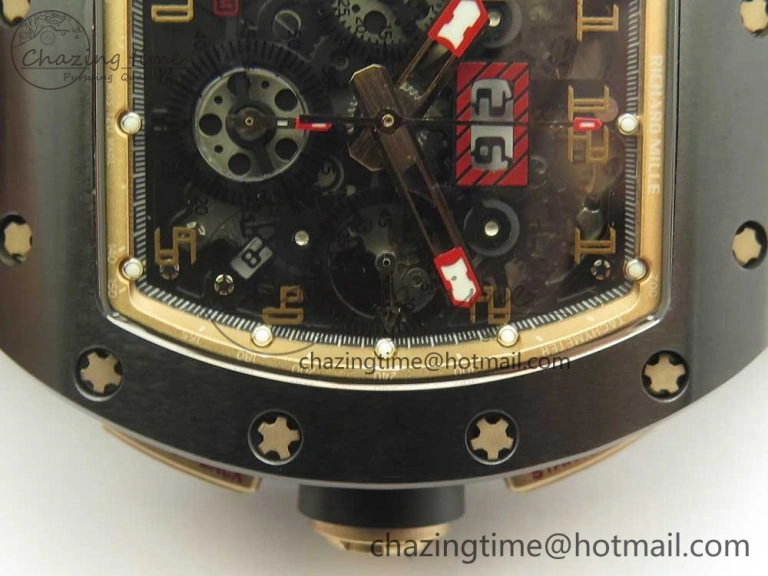 RM011 Real Ceramic Case Chronograph KVF 1:1 Best Edition Crystal Skeleton Dial Gold Markers on Black Rubber Strap A7750