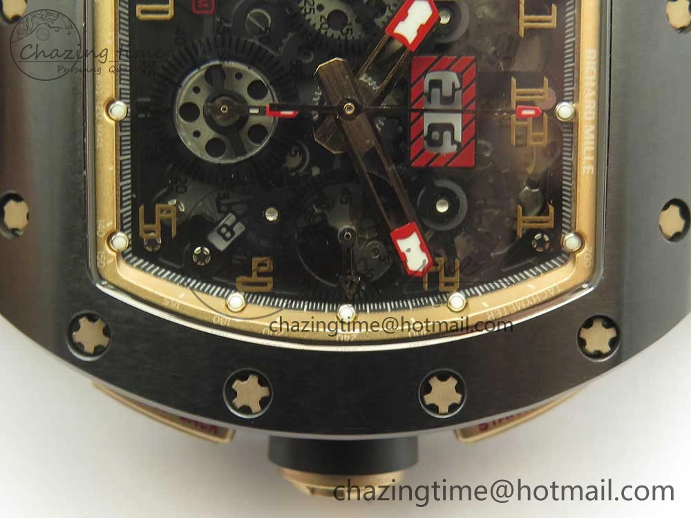 RM011 Real Ceramic Case Chronograph KVF 1:1 Best Edition Crystal Skeleton Dial Gold Markers on Black Rubber Strap A7750