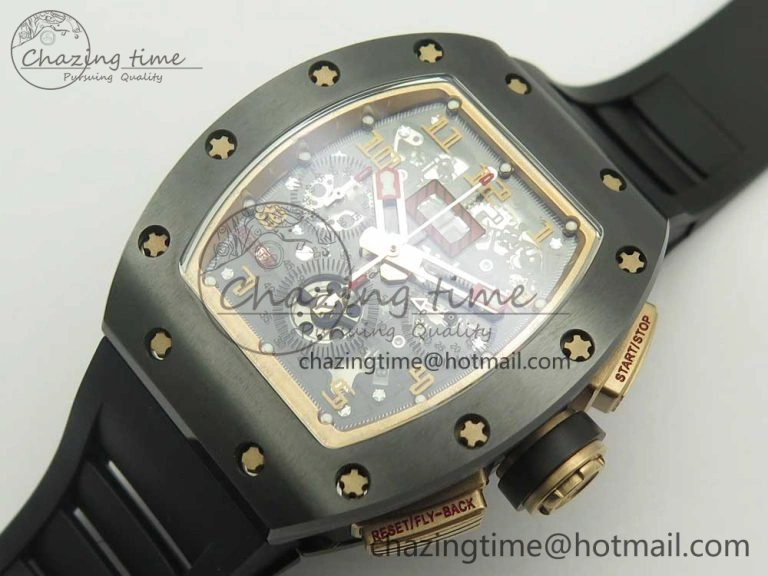 RM011 Real Ceramic Case Chronograph KVF 1:1 Best Edition Crystal Skeleton Dial Gold Markers on Black Rubber Strap A7750