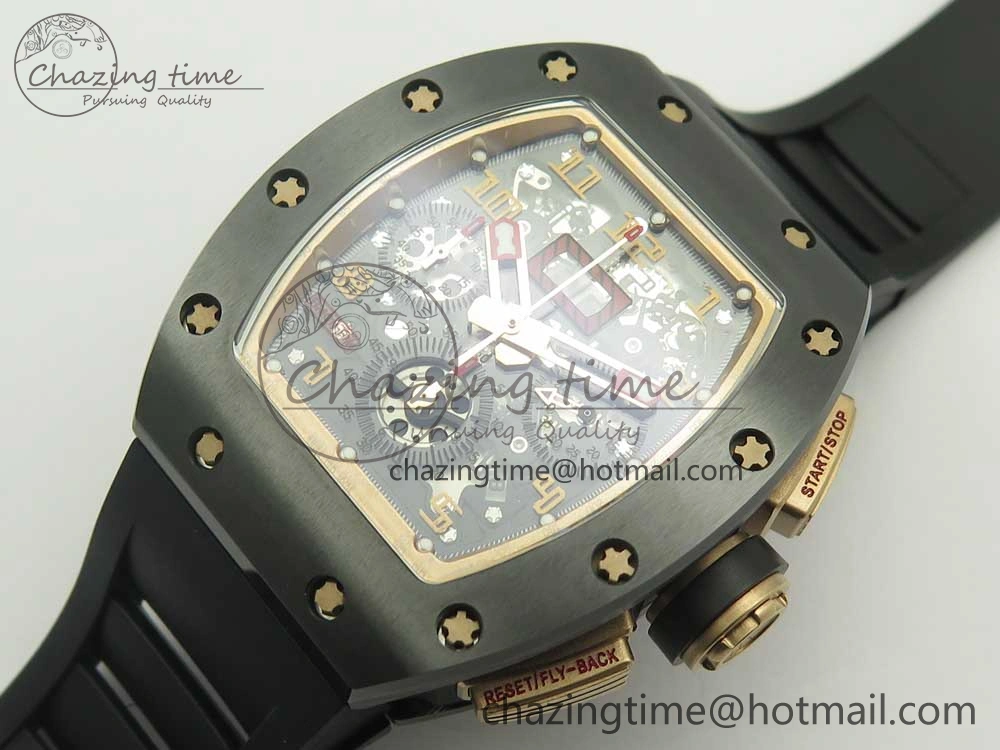 RM011 Real Ceramic Case Chronograph KVF 1:1 Best Edition Crystal Skeleton Dial Gold Markers on Black Rubber Strap A7750