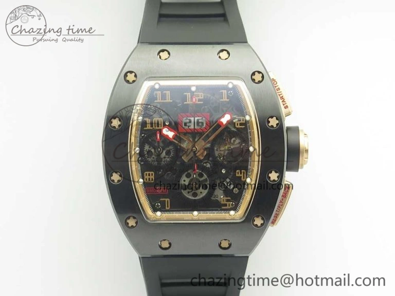 RM011 Real Ceramic Case Chronograph KVF 1:1 Best Edition Crystal Skeleton Dial Gold Markers on Black Rubber Strap A7750