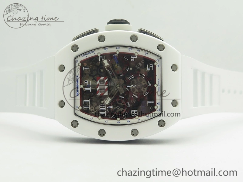 RM011 Real White Ceramic Case Chrono KVF 1:1 Best Edition Crystal Skeleton Dial Blue Markers On Rubber Strap A7750
